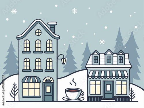Cozy winter cityscape with snow and holiday lights. Stylized cartoon vector in soft pastel blues and whites, featuring charming details like steaming coffee cups and twinkling windows