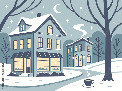Cozy winter cityscape with snow and holiday lights. Stylized cartoon vector in soft pastel blues and whites, featuring charming details like steaming coffee cups and twinkling windows