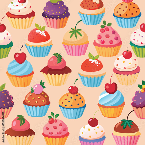 Delicious variety of cupcakes seamless repeatable pattern with berries and fruits suitable for diverse design projects