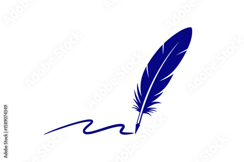 Illustration of a blue feather writing on white paper