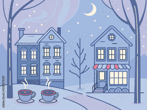 Cozy winter cityscape with snow and holiday lights. Stylized cartoon vector in soft pastel blues and whites, featuring charming details like steaming coffee cups and twinkling windows