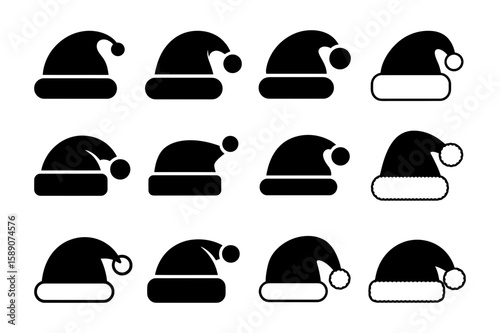 Collection of twelve santa hats in black silhouette