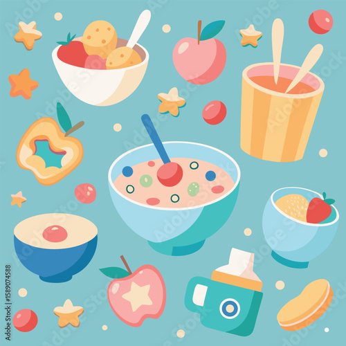 Delightful illustration of healthy and appetizing fruit and food dishes with adorable star and circle shapes against a blue background