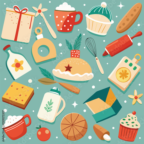 Festive flat lay illustration featuring various baked goods and seasonal themed gift box with a holiday theme pattern.