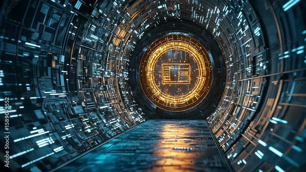 blue glow light with endless light tunnel perspective, futuristic abstract background