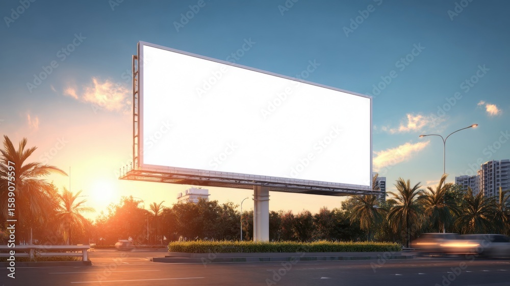 Obraz premium Large blank outdoor billboard structure on roadside at sunset with cityscape.