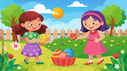 Two girls playing with easter eggs in a garden with flowers and a fence on a sunny day outdoors