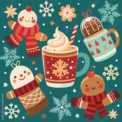 Festive holiday theme pattern featuring gingerbread men decorations and cozy hot drinks surrounded by snowflakes and seasonal best seller elements.