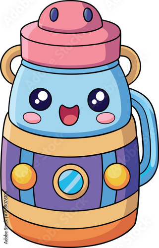 Thermos Bottle with Button Lid and Friendly Face in Kawaii Style on White Background