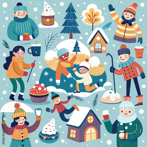 Playful winter scenes featuring people and various elements depicting winter activities with a holiday theme pattern (seasonal best seller).