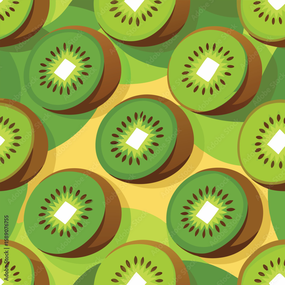 Fototapeta premium Seamless repeating pattern design featuring sliced kiwi fruits perfect for backgrounds and various creative design projects.