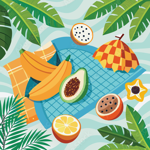 Tropical fruit arrangement on a picnic blanket with palm leaves and an umbrella summer food and travel illustration