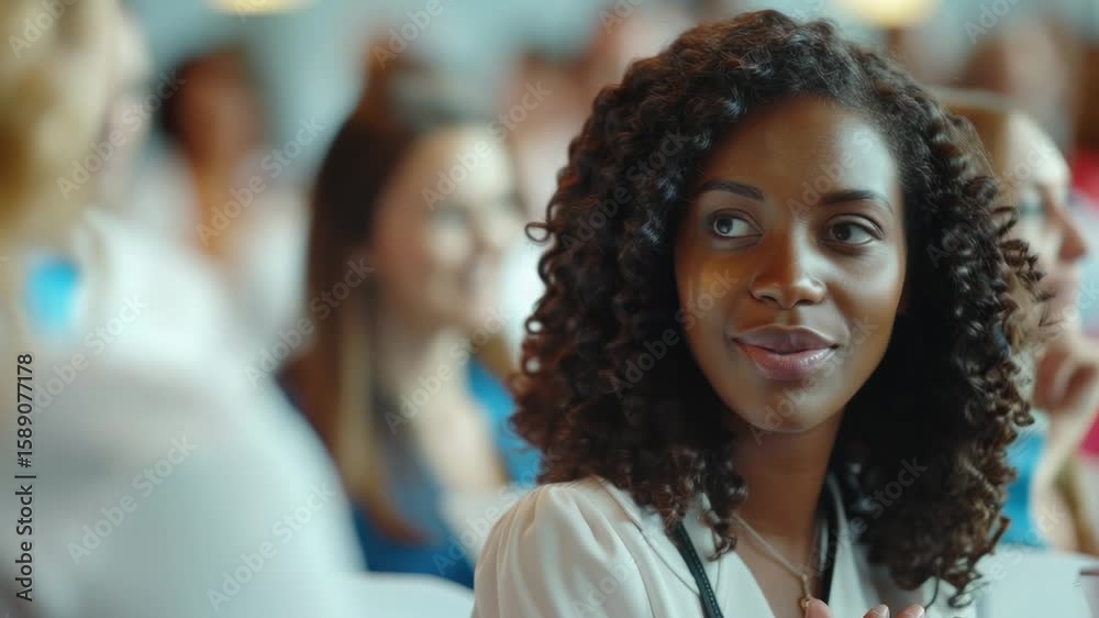 A happy woman with curly hair standing among a crowd of people A happy woman with curly hair standing among a crowd of people