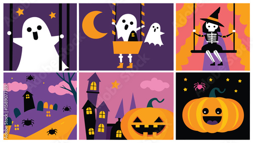 Collection of halloween themed illustrations featuring ghosts skeletons pumpkins and spooky landscapes scenes
