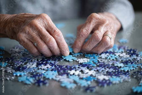 Society senior engagement concept. Elderly hands assembling a colorful jigsaw puzzle on a table.