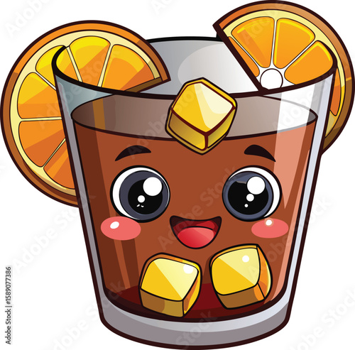 Glass of Cola with Ice Cubes, Lemon Slice, and Grin in Kawaii Style on White Background