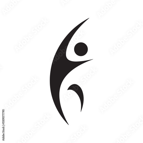 Abstract stylized person symbol, black silhouette of a dancing human figure, isolated vector logo for wellness or freedom.