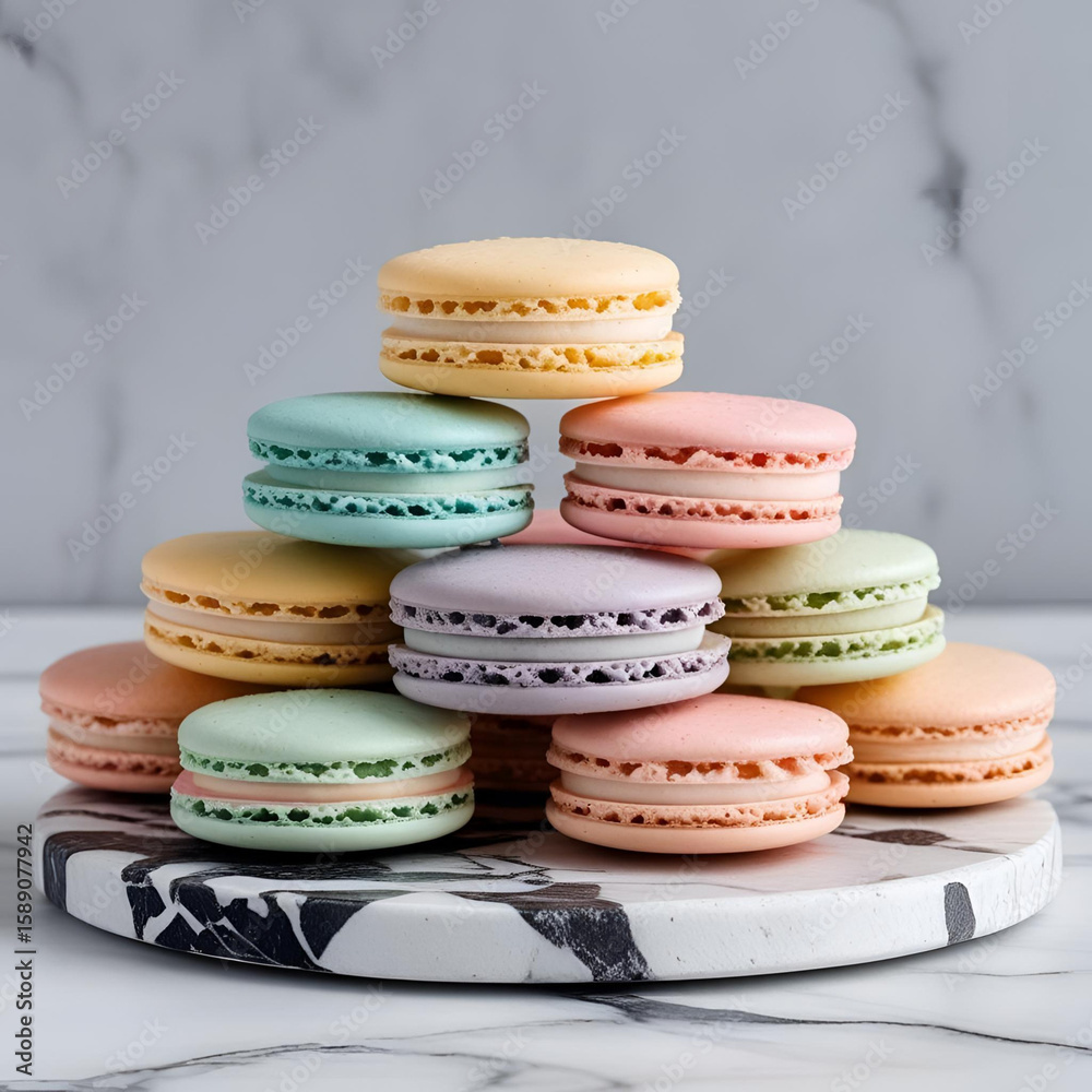 Obraz premium Macarons in pastel shades stacked on marble slab