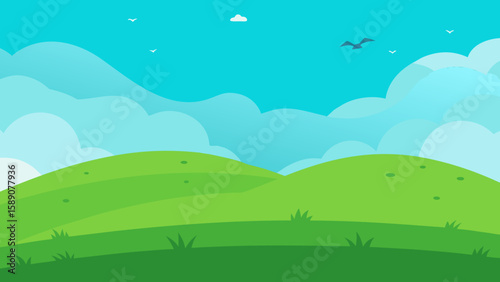 Endless Green Plain with Blue Sky Vector