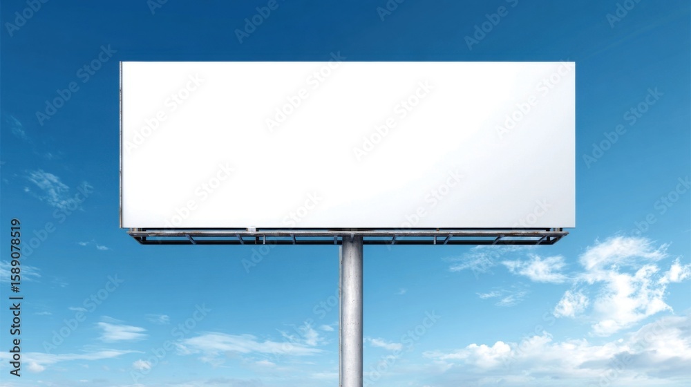 Fototapeta premium Large blank billboard sign on a tall pole against a bright blue sky with clouds.