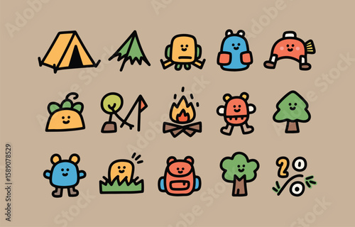 Cute camping icons with happy faces and animals