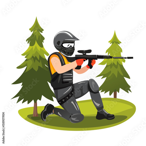 Paintball Player in Action: Illustration of a Paintballer in Gear Aiming with a Marker