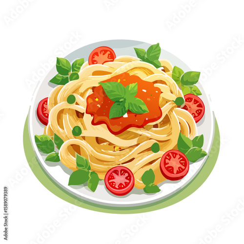 Delicious Spaghetti with Tomato Sauce and Basil - Vector Illustration
