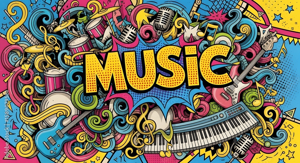 Fototapeta premium Vivid Pop Art Music Doodle Composition