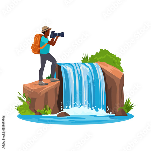 Man Hiking Near a Waterfall: Nature Exploration and Outdoor Adventure