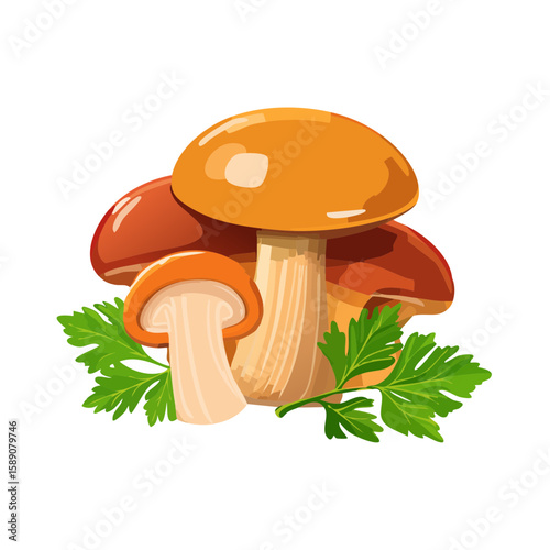 Illustration of a Group of Wild Mushrooms and Parsley on Black Background