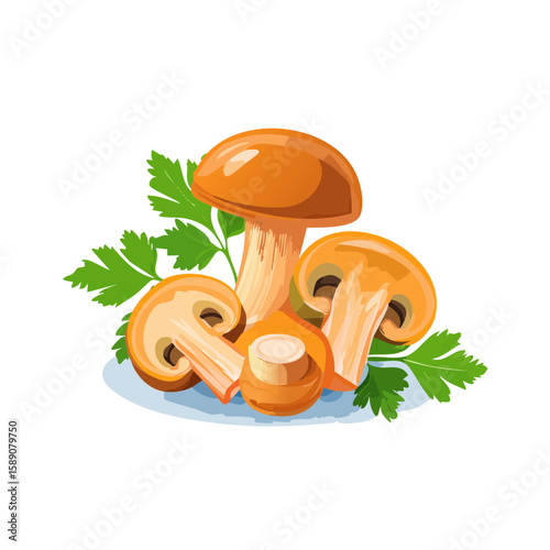 Illustration of mushrooms with parsley on a blue plate against black backdrop