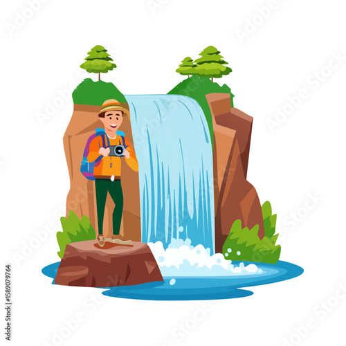 Cartoon hiker taking a picture in front of a waterfall in nature.