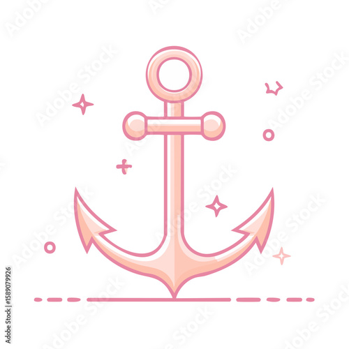 Nautical Anchor Illustration with Stars and Dotted Lines Marine Symbol Concept
