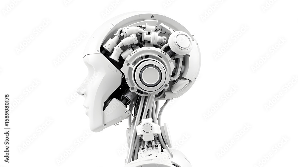 Obraz premium white robot with human feature and open back skull filled with white mechanical components. Side View White Background monochromatic. Generative AI