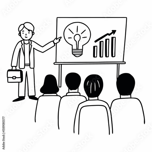 Outline drawing of a person presenting a startup idea to investors, with charts, light bulb icon, and seated audience, clean linear design, no shading