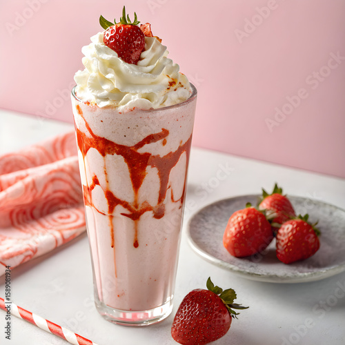 a cold, thick strawberry milkshake in a tall transparent glass, strawberry syrup artistically swirled along the inside