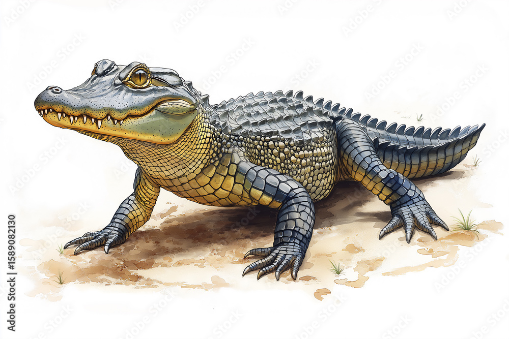 Naklejka premium Alligator reptile wildlife in nature, animal predator scaly species and habitat explored