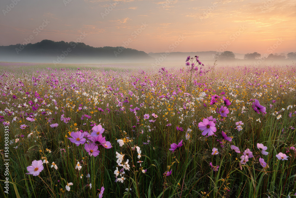 Obraz premium breathtaking summer sunrise over vast field filled with vibrant wildflowers in full bloom