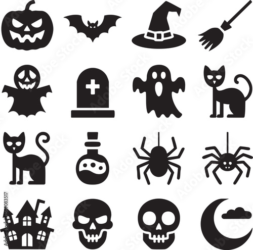 Halloween Black Icon Set – Ghost, Pumpkin, Witch Hat Vector

