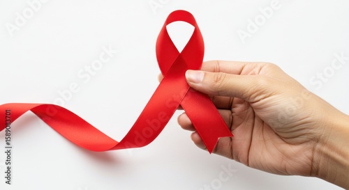 A Red Ribbon Symbolizing Global Awareness in the Hands of a Person on White Backdrop