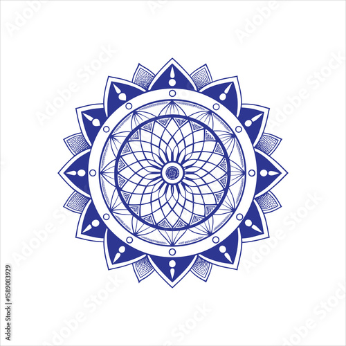 Blue ornamental circle vector with a snowflake and floral elements