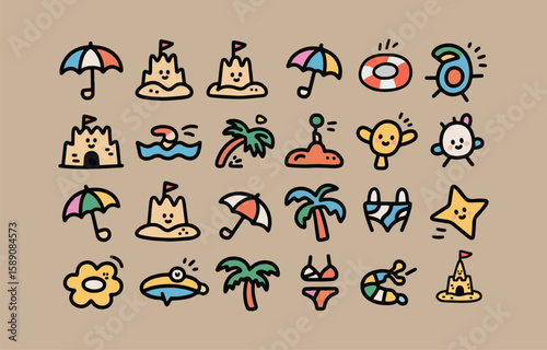 Collection of cute and colorful beach vacation icons