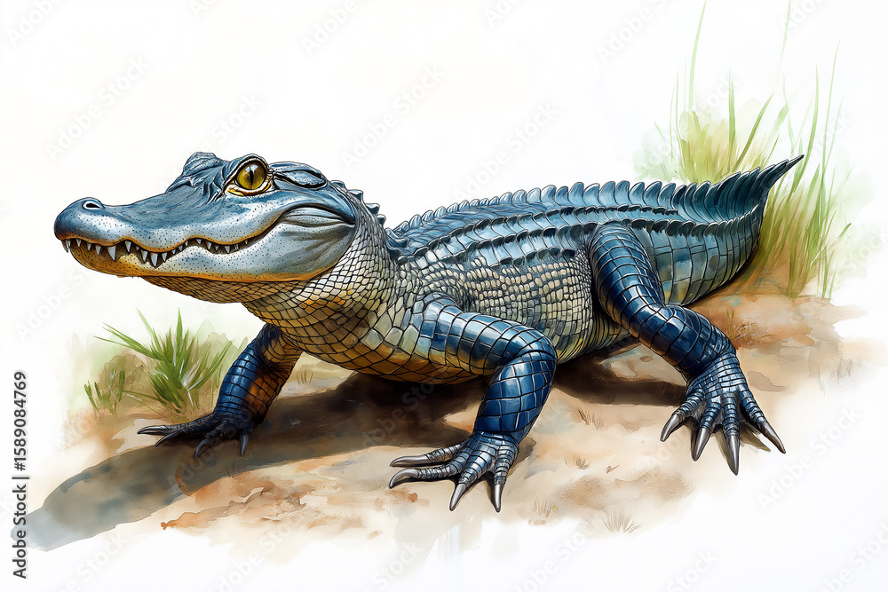 Obraz premium Toothy alligator basking in sunlit wetlands, showcasing scaly predator features and natural habitat.