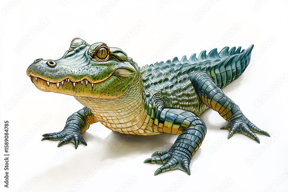 Naklejka premium Alligator with Distinct Scales in Natural Habitat Surrounded by Wildlife and Aquatic Environment