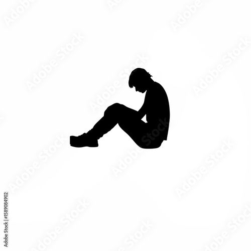 Silhouette of person sitting slouched, looking bored on white background