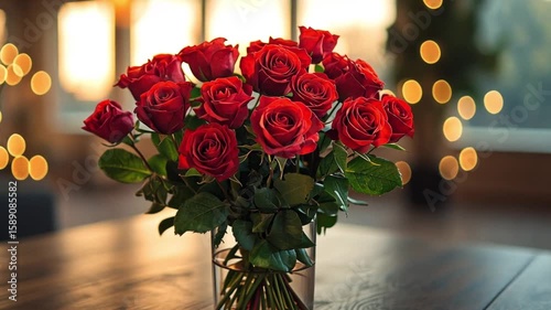 Romantic Red Roses in a Glass Vase on Wooden Table