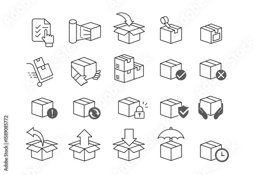 Shipping and packaging icon set with various parcel box symbols
