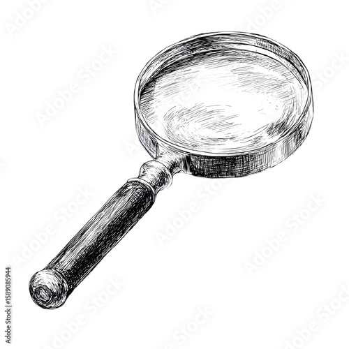 A vintage style hand drawn illustration of a magnifying glass with a transparent background for creative designs.