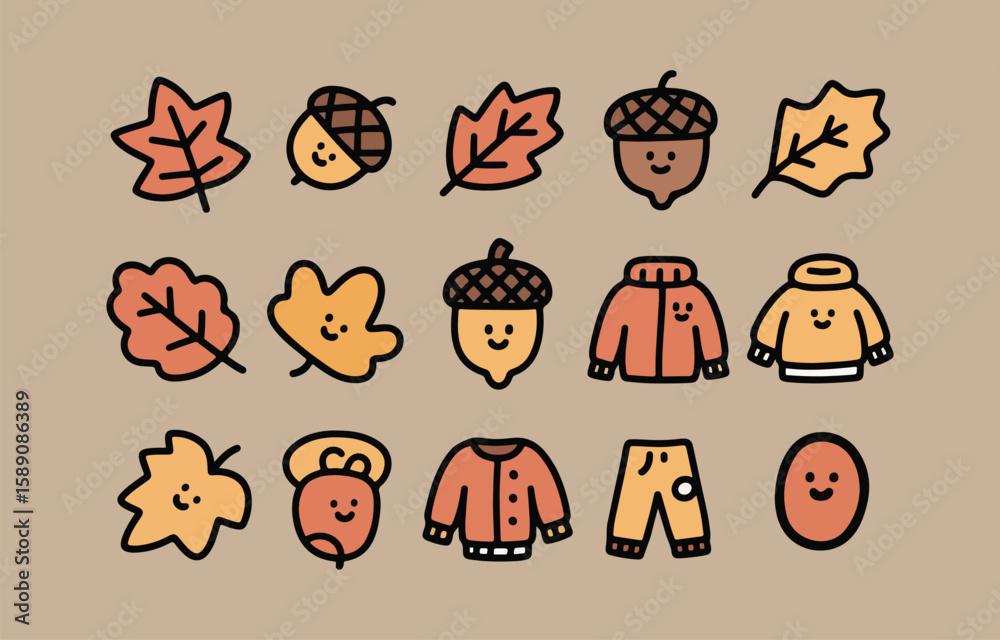 Fototapeta premium Cute autumn icons featuring leaves acorns sweaters and pants