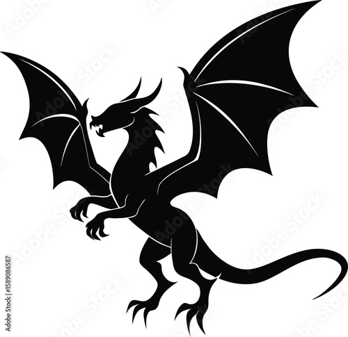 Vector art of a fierce black dragon silhouette with spread wings stands on a plain white background, isolated